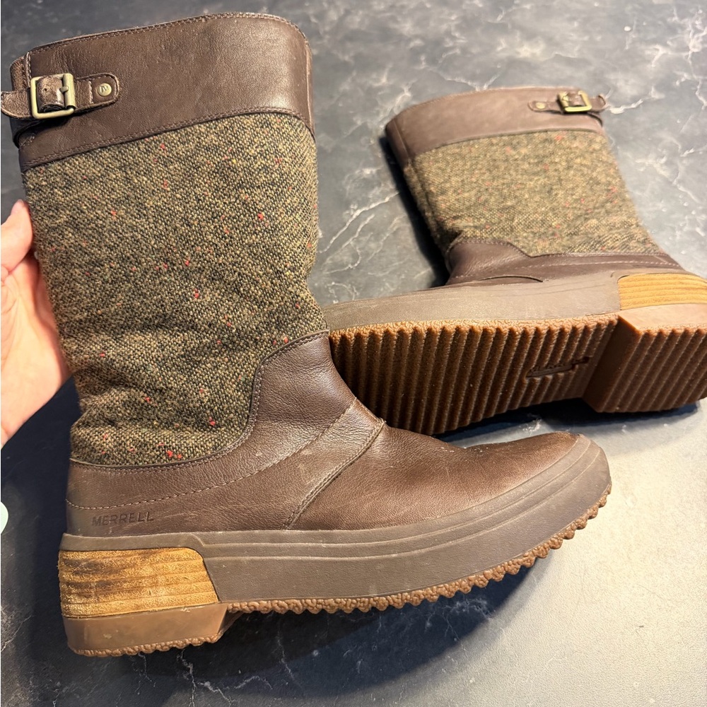 Merrell Brown Leather and Olive Tweed Mid-Calf Boots